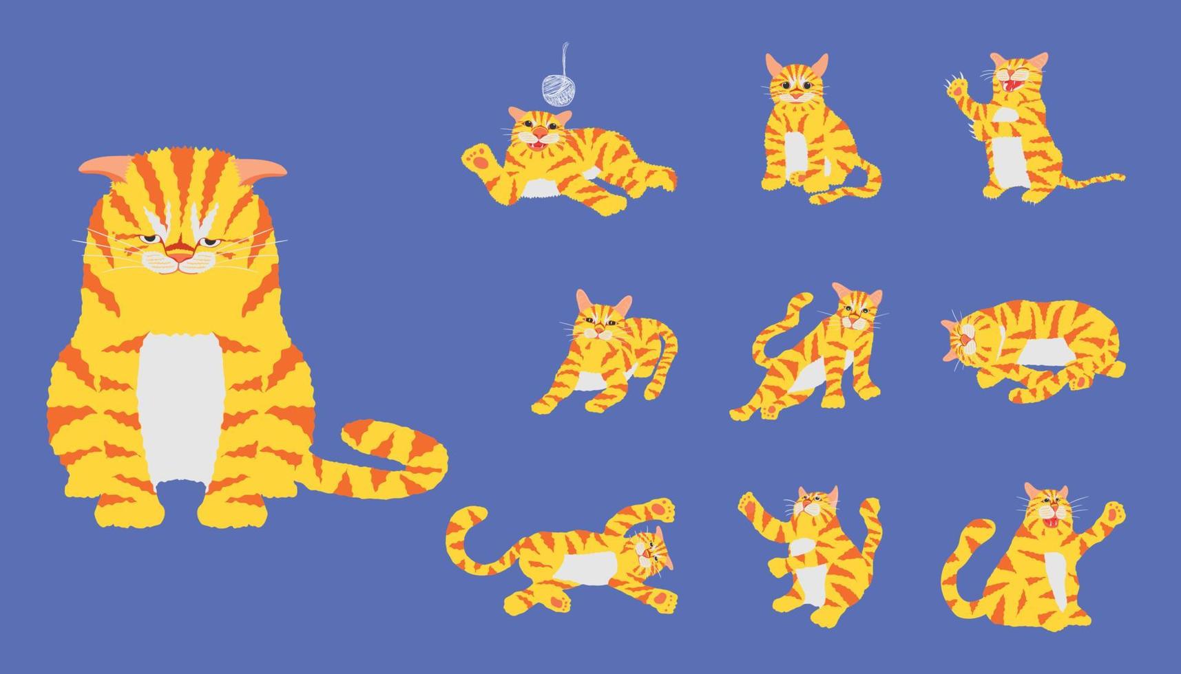 conjunto do adorável flop de gato listrado amarelo e laranja e atividade de jogo em fundo de cor azul pastel. ilustração vetorial eps10 vetor