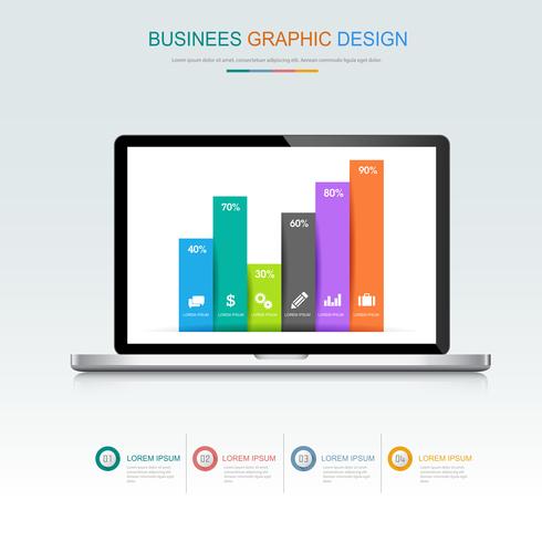 Computador portátil com gráfico de negócios na tela, 3d e plana vector design ilustração para web banner ou apresentação usada