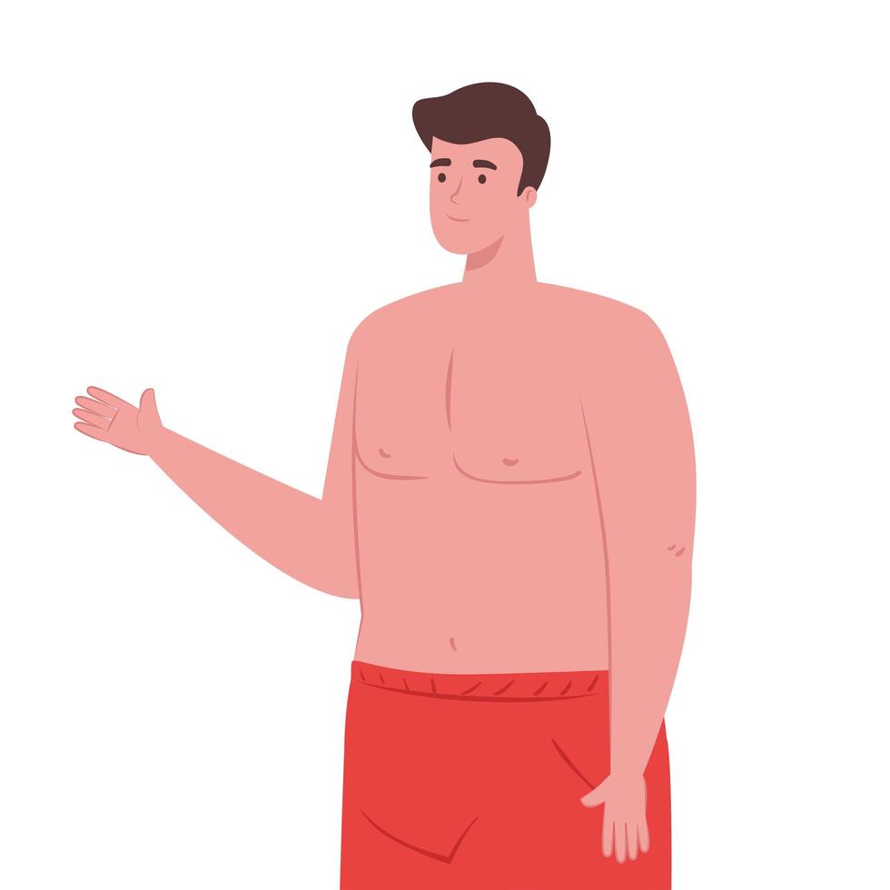 homem de shorts de cor vermelha, cara feliz em traje de banho em fundo branco vetor