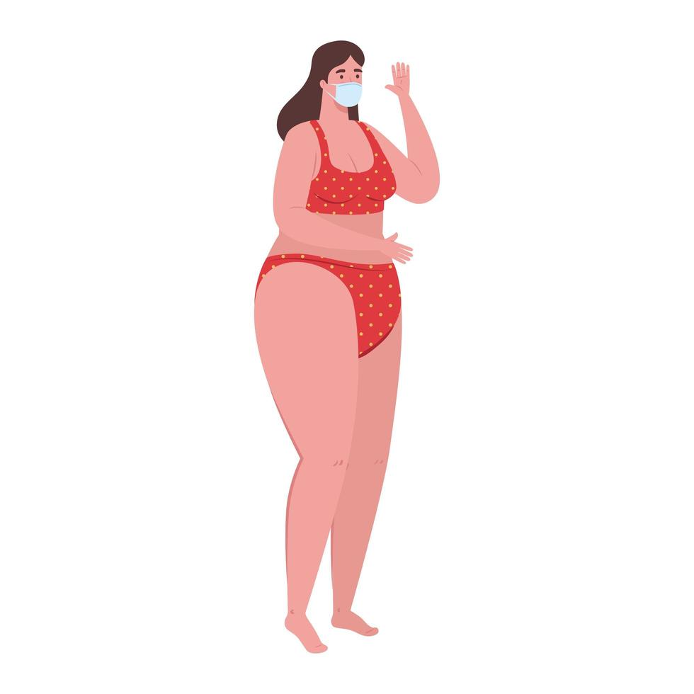 mulher gorda bonita na cor vermelha do maiô, usando máscara médica, férias de verão covid 19 vetor
