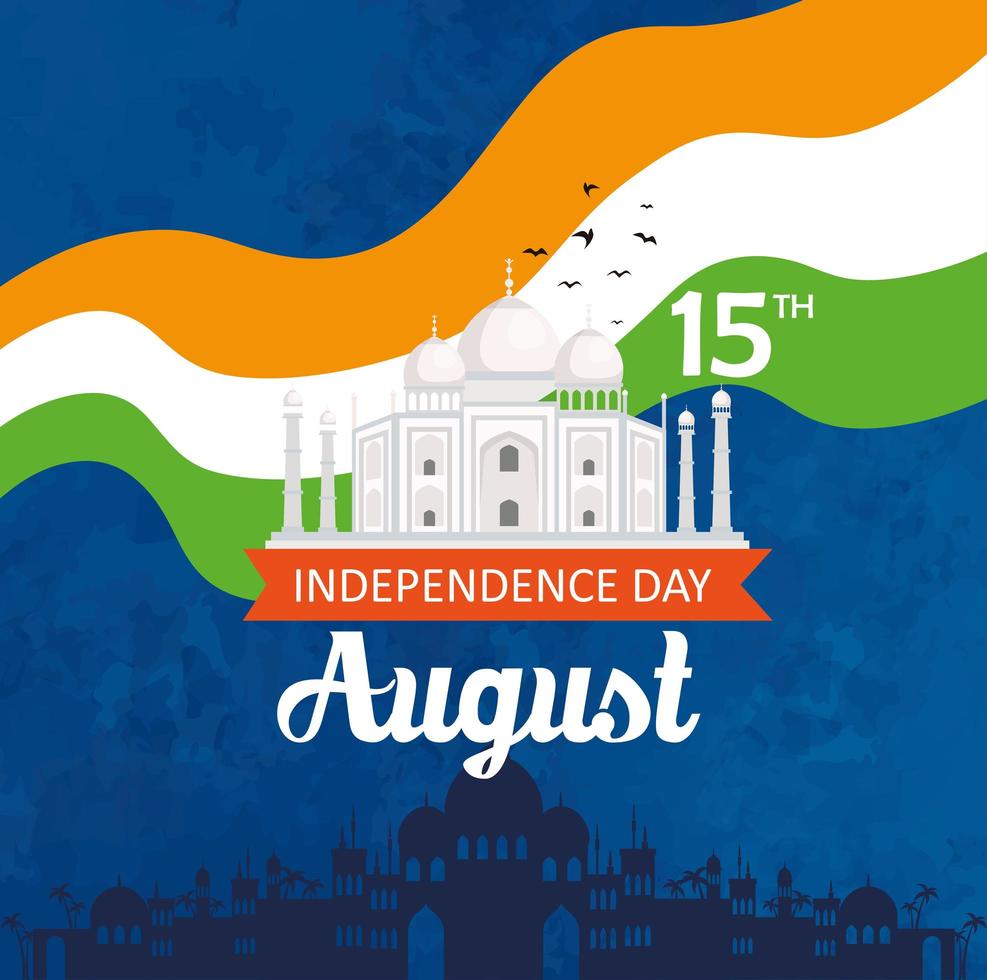 feliz dia da independência indiana, celebração 15 de agosto, com taj mahal e decoração vetor