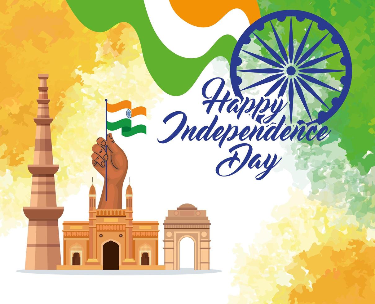feliz dia da independência indiana, ashoka chakra com bandeira e monumentos tradicionais vetor