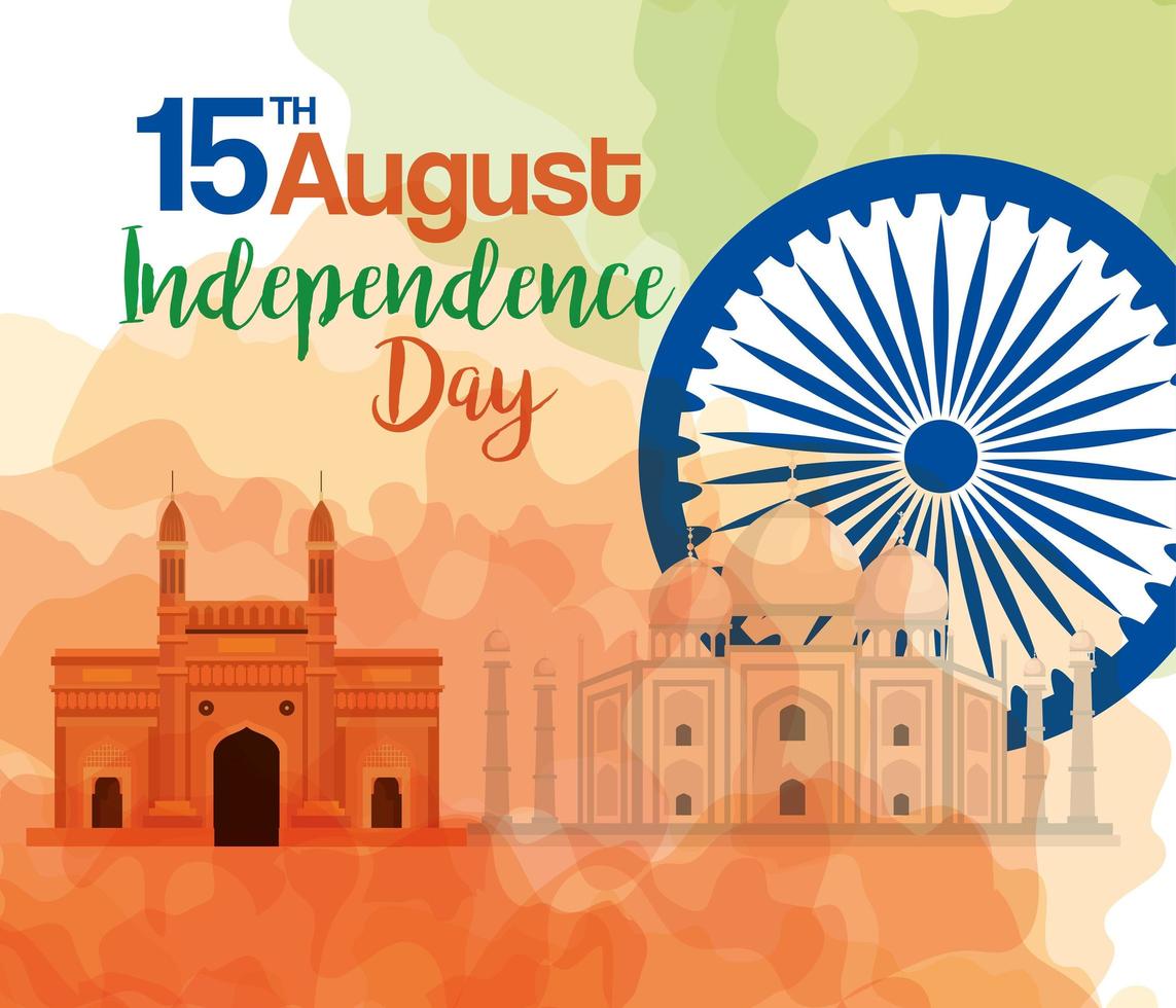 feliz dia da independência indiana, celebração 15 de agosto, com monumentos tradicionais e decoração vetor