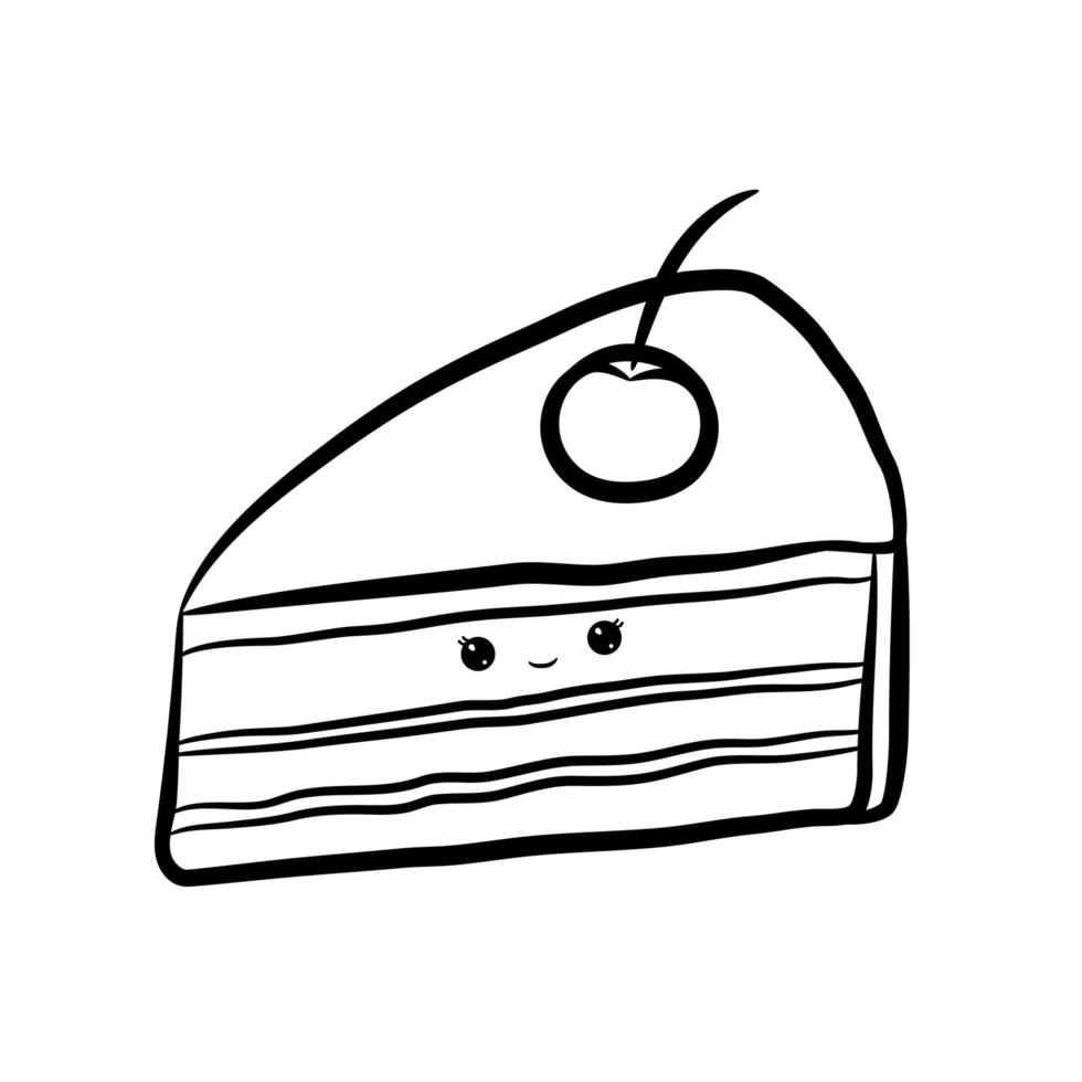 lindo pedaço de bolo kawaii isolado no fundo branco. pedaço de bolo com cerejas. doces kawaii. estilo doodle. ilustração vetorial vetor
