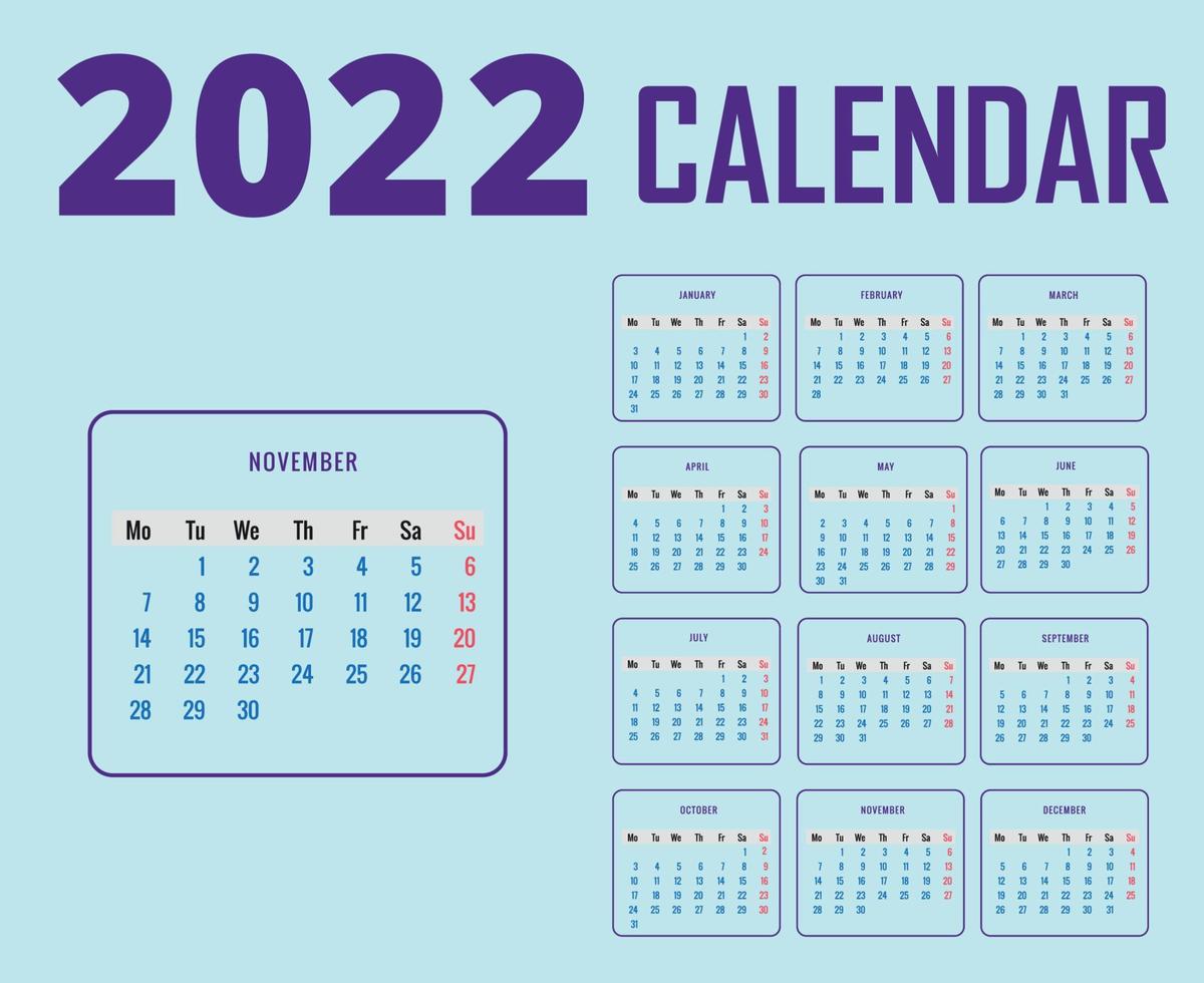 calendário 2022 mês de novembro feliz ano novo design abstrato ilustração vetorial roxo com fundo ciano vetor
