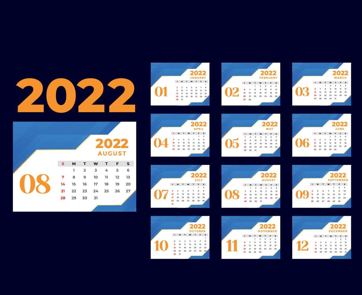 calendário 2022 mês de agosto feliz ano novo design abstrato ilustração vetorial cores com fundo azul vetor
