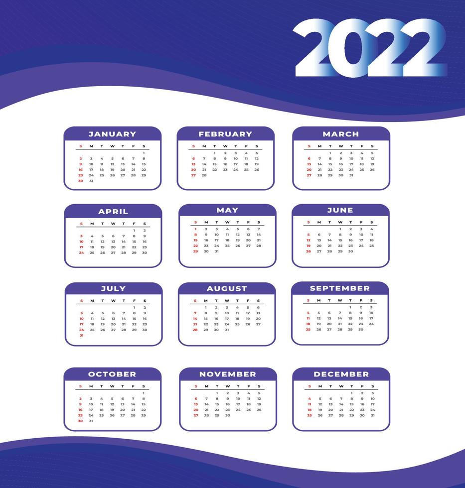 calendário 2022 feliz ano novo design abstrato ilustração vetorial branco e roxo vetor