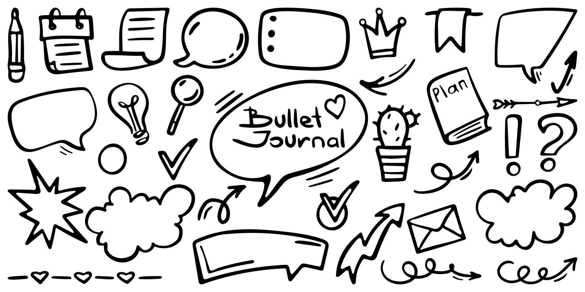 conjunto desenhado à mão ilustração em vetor bullet journal isolado no fundo branco. estilo de contorno doodle.