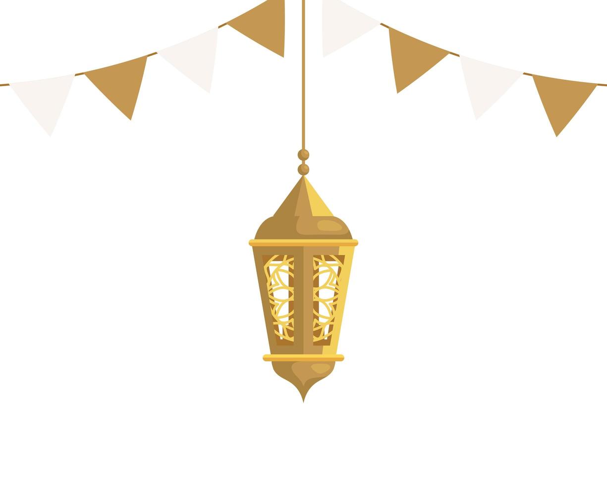 lanterna ramadan kareem pendurada com decoração de guirlanda, lanterna dourada pendurada no fundo branco vetor