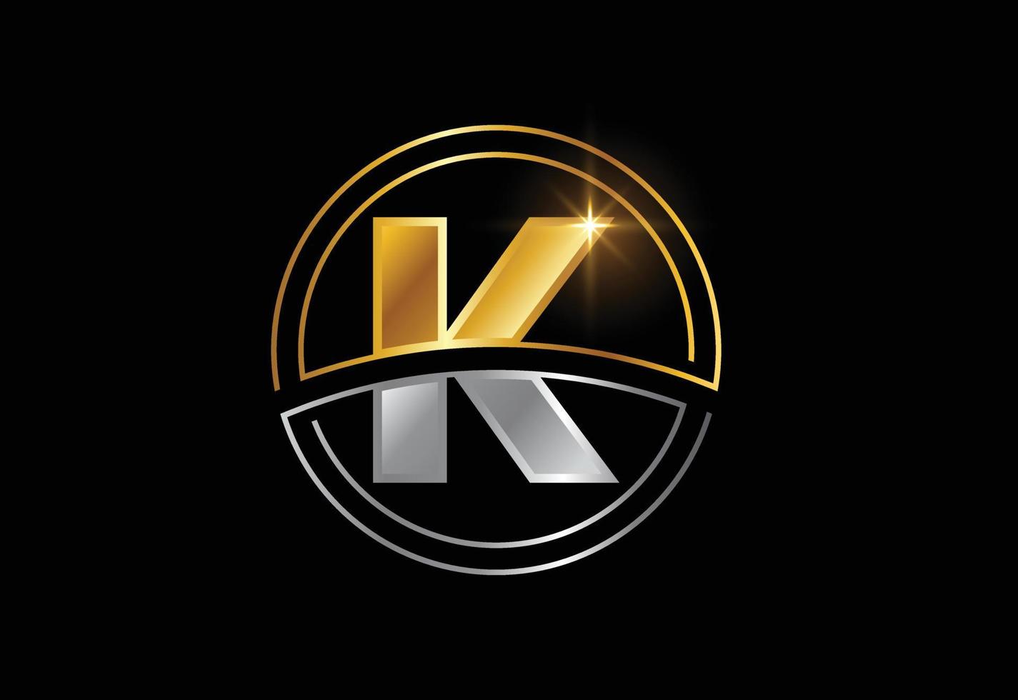 letra inicial k com moldura de círculo. símbolo do alfabeto de cor dourada e prata para identidade de negócios corporativos vetor