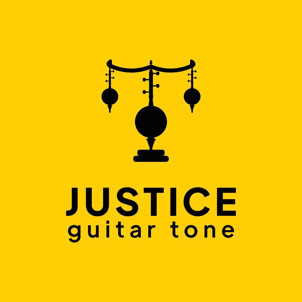 logotipo de vetor na moda de tom de guitarra de justiça, com fundo de cor amarela.