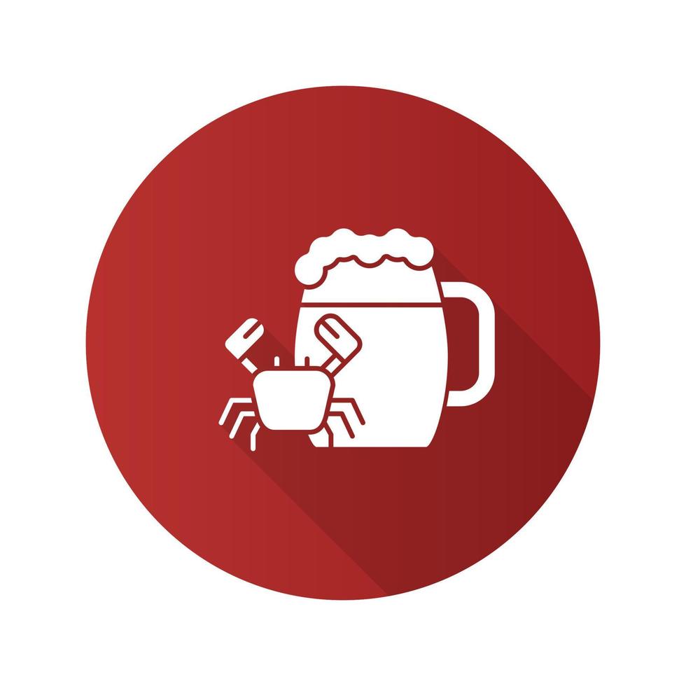 caneca de cerveja com ícone de glifo de design plano de caranguejo longa sombra. cerveja ilustração em vetor silhueta