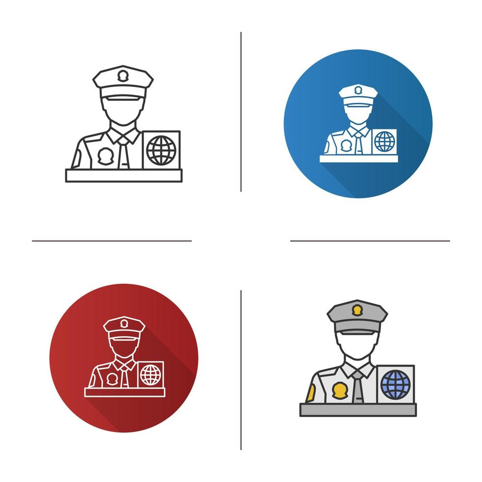 ícone de oficial de controle de passaporte. serviço de proteção de fronteiras. design plano, estilos lineares e de cores. ilustrações vetoriais isoladas vetor