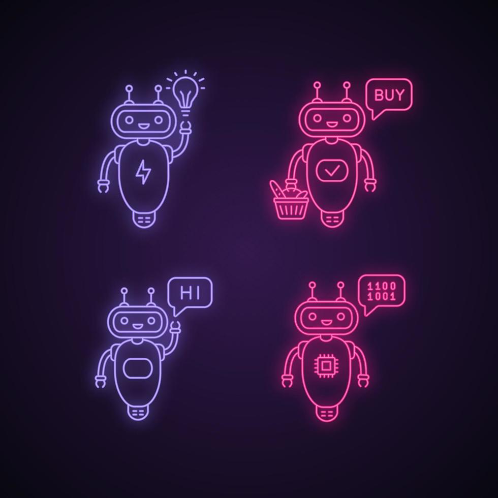 conjunto de ícones de luz neon de chatbots. robôs de conversação. assistentes virtuais. nova ideia, compre, oi, bots de bate-papo de código. robôs modernos. sinais brilhantes. ilustrações vetoriais isoladas vetor