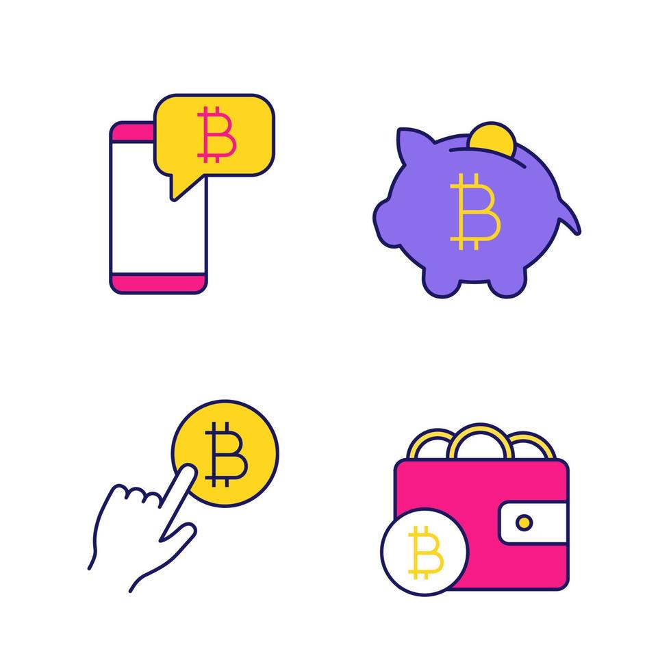 conjunto de ícones de cores de criptomoeda bitcoin. bitcoin chat, cofrinho, clique em pagamento em criptomoeda, carteira digital. ilustrações vetoriais isoladas vetor