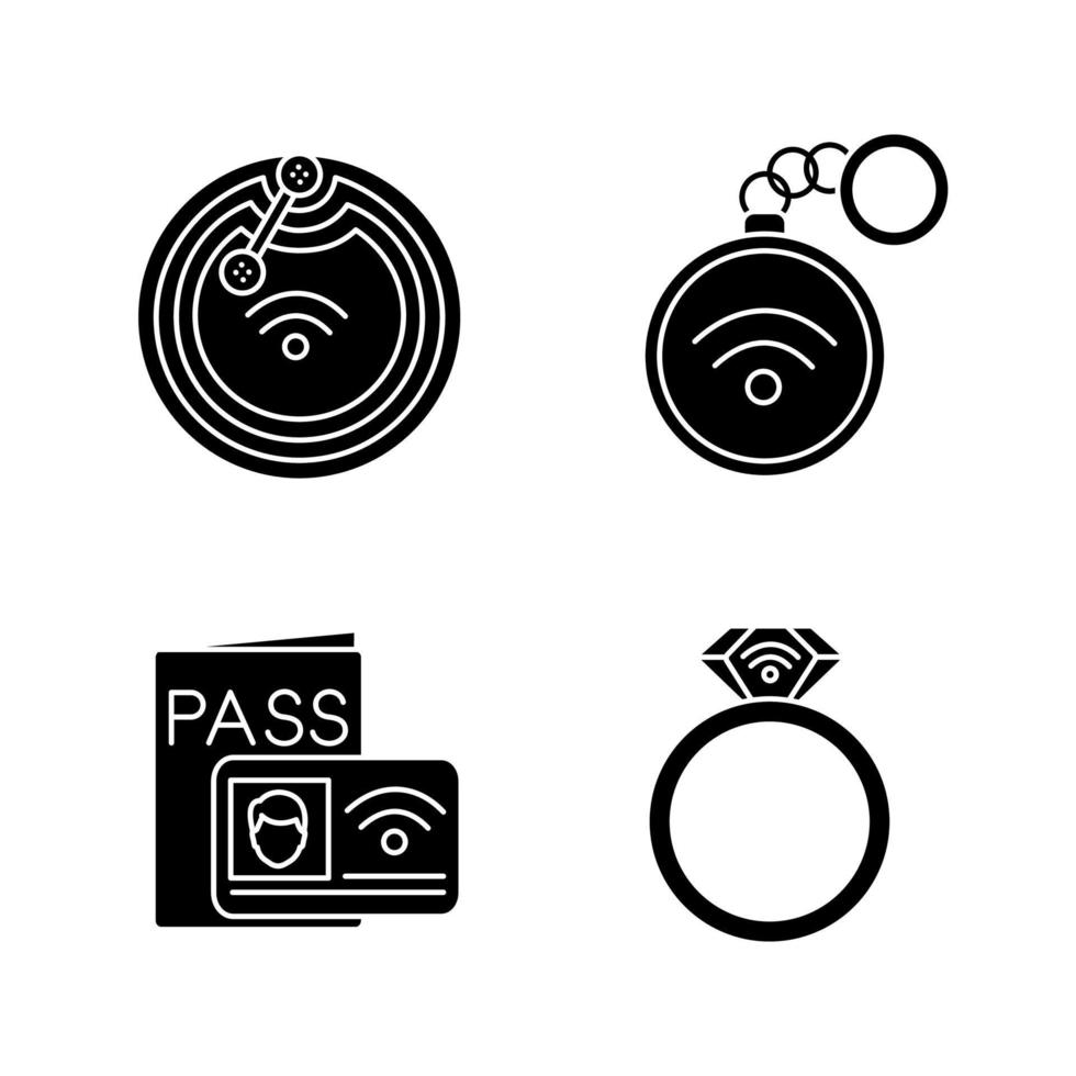 Conjunto de ícones de glifo de tecnologia nfc. chip de campo próximo, bugiganga, sistema de identificação, anel. símbolos de silhueta. ilustração vetorial isolada vetor
