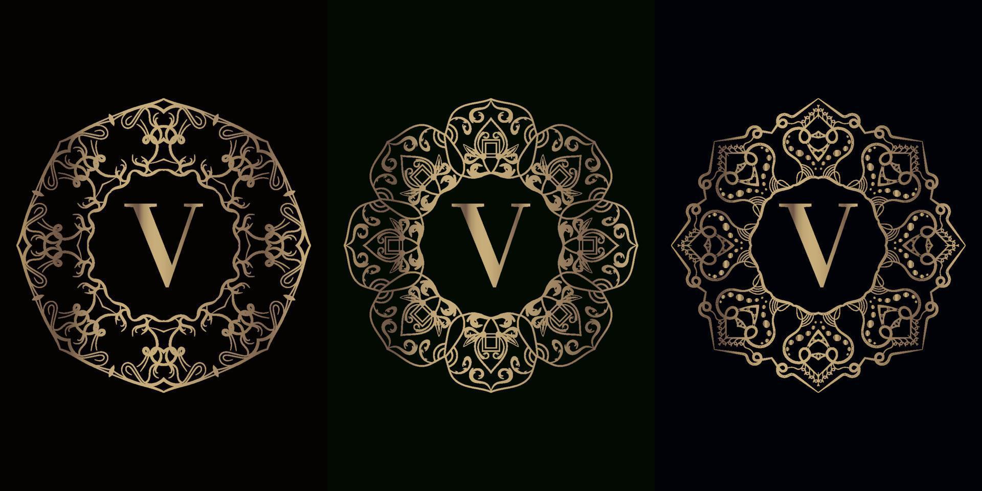 coleção de logotipo inicial v com moldura de ornamento de mandala de luxo vetor