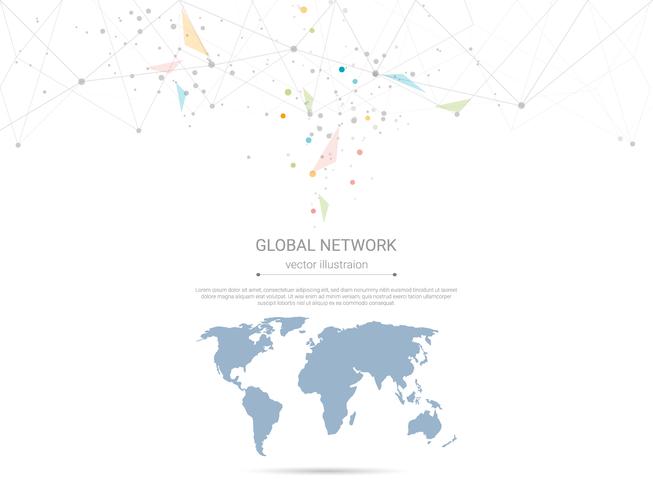 Conexão de rede global, baixo poli conectando pontos e linhas com fundo de mapa do mundo. vetor
