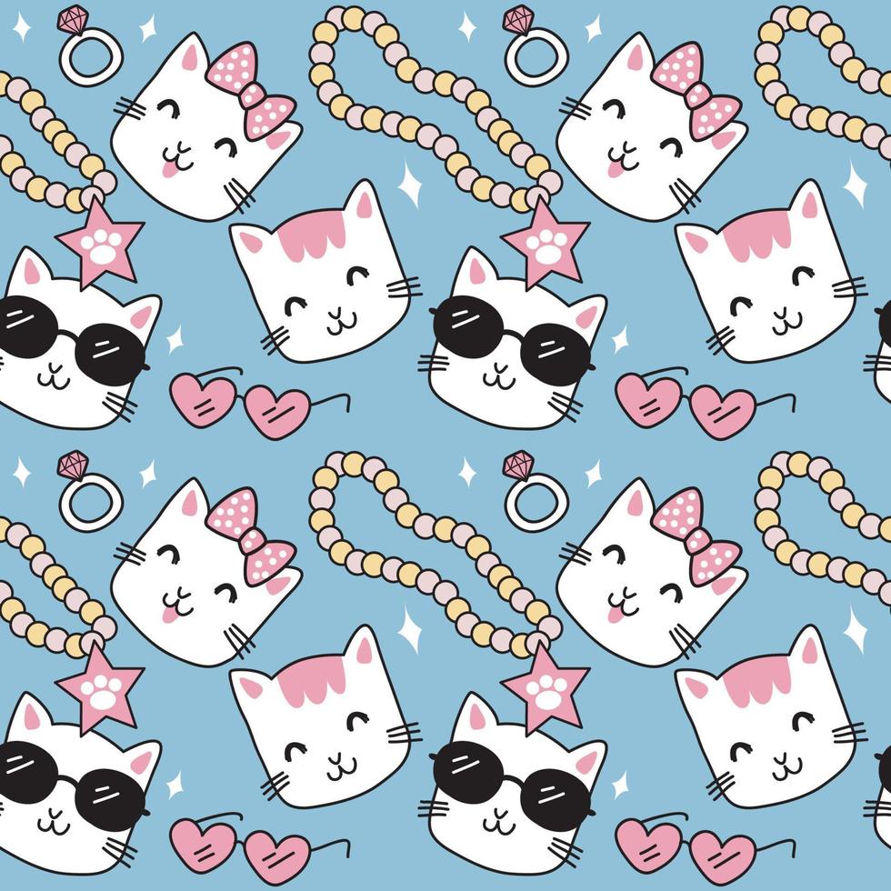 padrão de desenhos animados fofos de gato. gato branco, colar, óculos em forma de coração rosa e anel de diamante em fundo azul. o padrão bonito sem costura em uma menina, doodle de gato moda bebê. desenho vetorial para moda vetor