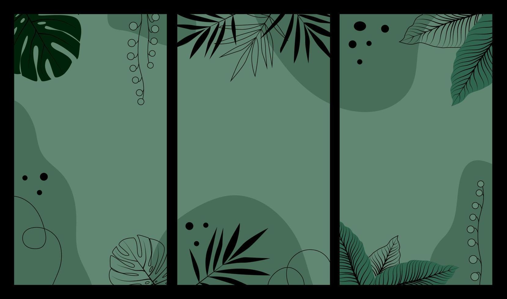 fundo verde botânico abstrato para histórias do instagram com folhas tropicais de monstera, palmeira e dieffenbachia. ilustração em vetor plana.