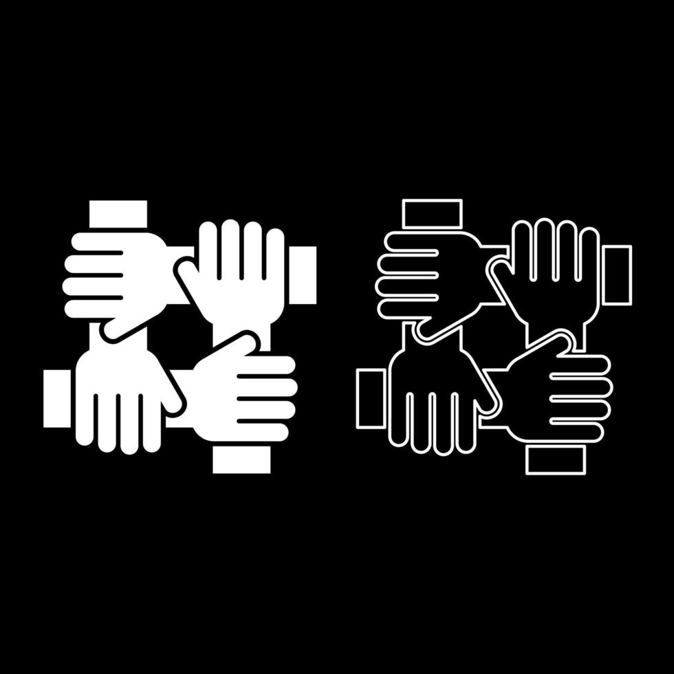 quatro mãos segurando juntos o ícone do conceito de trabalho em equipe conjunto de ilustração de cor branca estilo simples imagem simples vetor