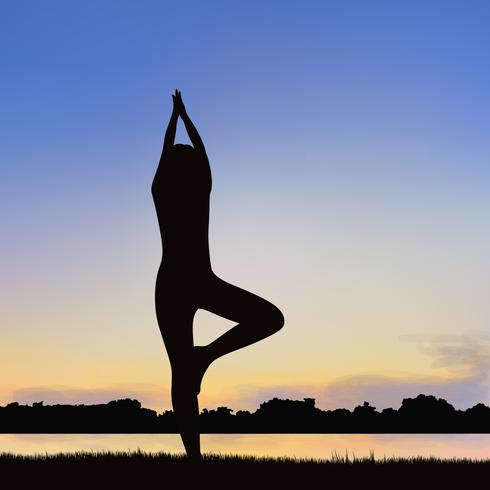 Imagem da silhueta da senhora na postura da ioga. vetor