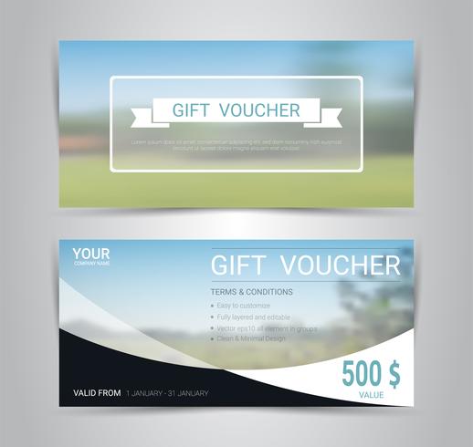 Vales-presente e vouchers, cupom de desconto ou modelo de banner web com fundo desfocado. vetor