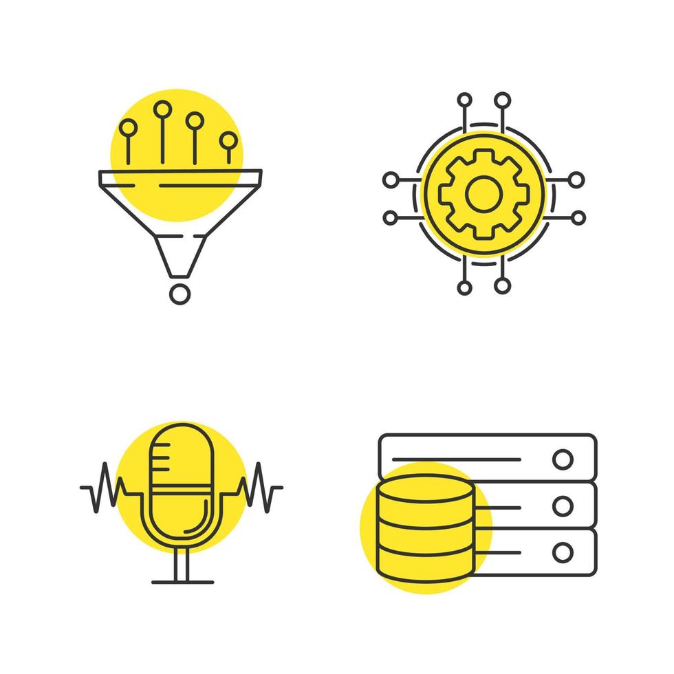 conjunto de ícones lineares de aprendizado de máquina. filtragem de dados, configurações digitais, reconhecimento de voz, banco de dados. símbolos de contorno de linha fina com círculos amarelos. ilustrações de contorno de vetor isolado