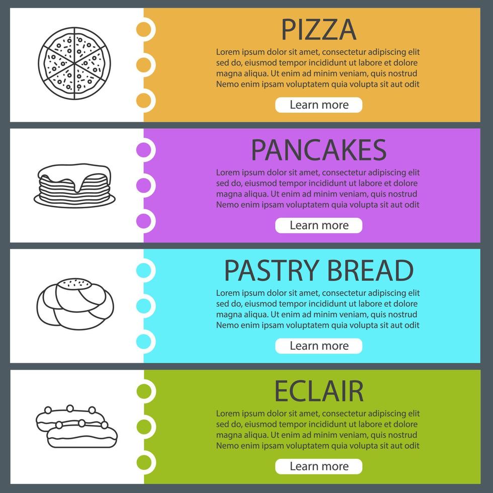 conjunto de modelos de banner da web de padaria. pizza, panquecas, pão de pastelaria, eclair. itens de menu de cores do site com ícones lineares. conceitos de design de cabeçalhos vetoriais vetor
