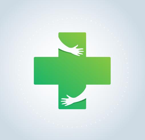 abraço de mãos no ícone do hospital design, saúde e médico logotipo símbolo vector