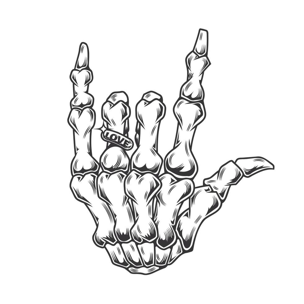 esqueleto de mão com tatuagem vintage de arte de linha de anel de amor ou ilustração vetorial de design de impressão. vetor
