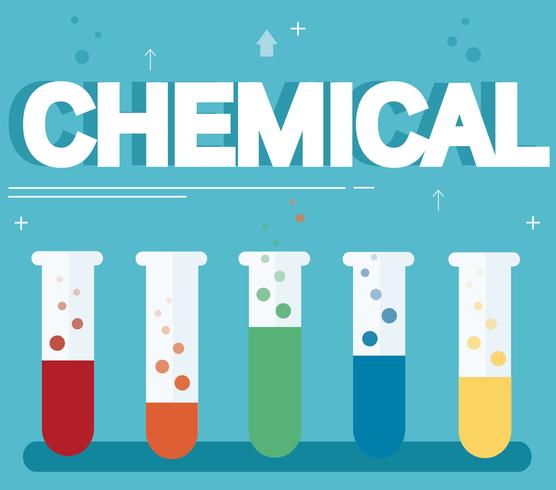 texto químico e laboratório colorido, preenchido com um líquido claro e fundo azul vetor