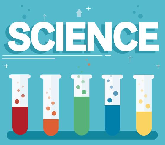 texto de ciência e laboratório colorido, preenchido com um líquido claro e fundo azul vetor