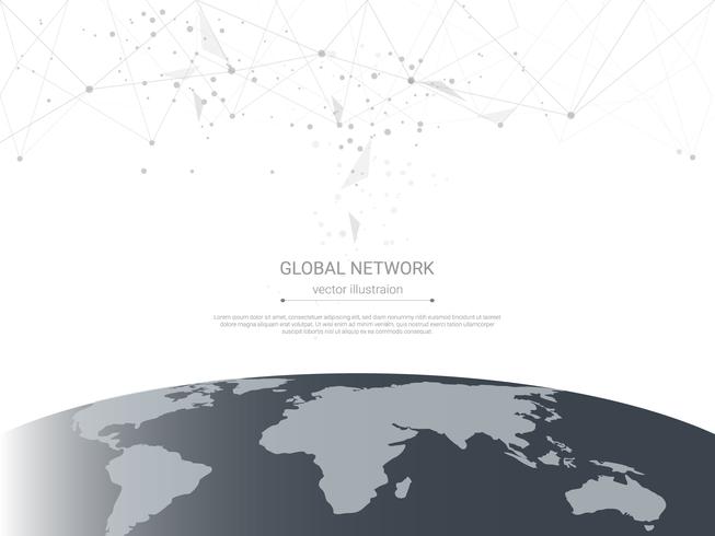 Conexão de rede global, baixo poli conectando pontos e linhas com fundo de mapa do mundo. vetor