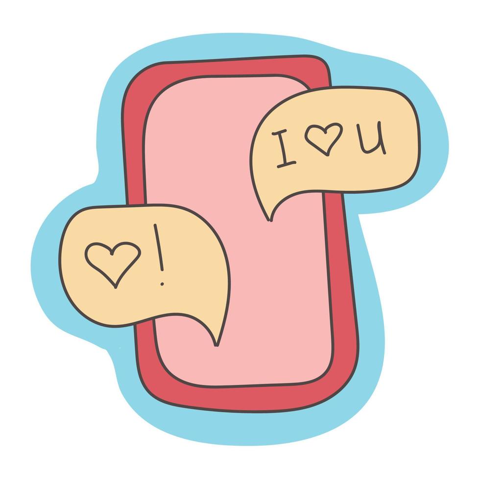 telefone colorido com mensagem de amor. doodle smartphone com sms para o feriado do dia dos namorados, mensagem com ilustração vetorial de amor vetor