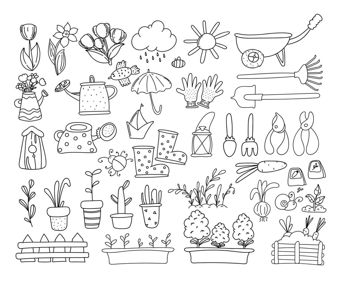 conjunto de jardinagem e primavera, elementos desenhados à mão - flores, casas, pássaros. jardineiros e equipamento agrícola conjunto de objetos. vetor