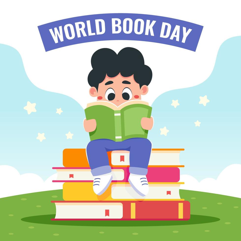 uma criança lendo alfabetização no dia mundial do livro vetor