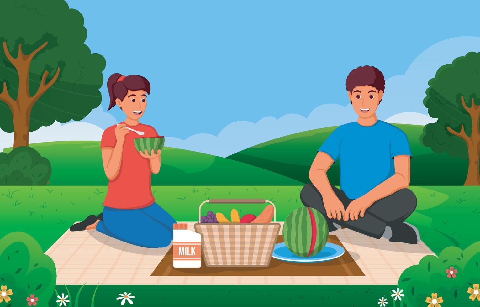 ilustração casal piquenique no parque com comida e frutas vetor