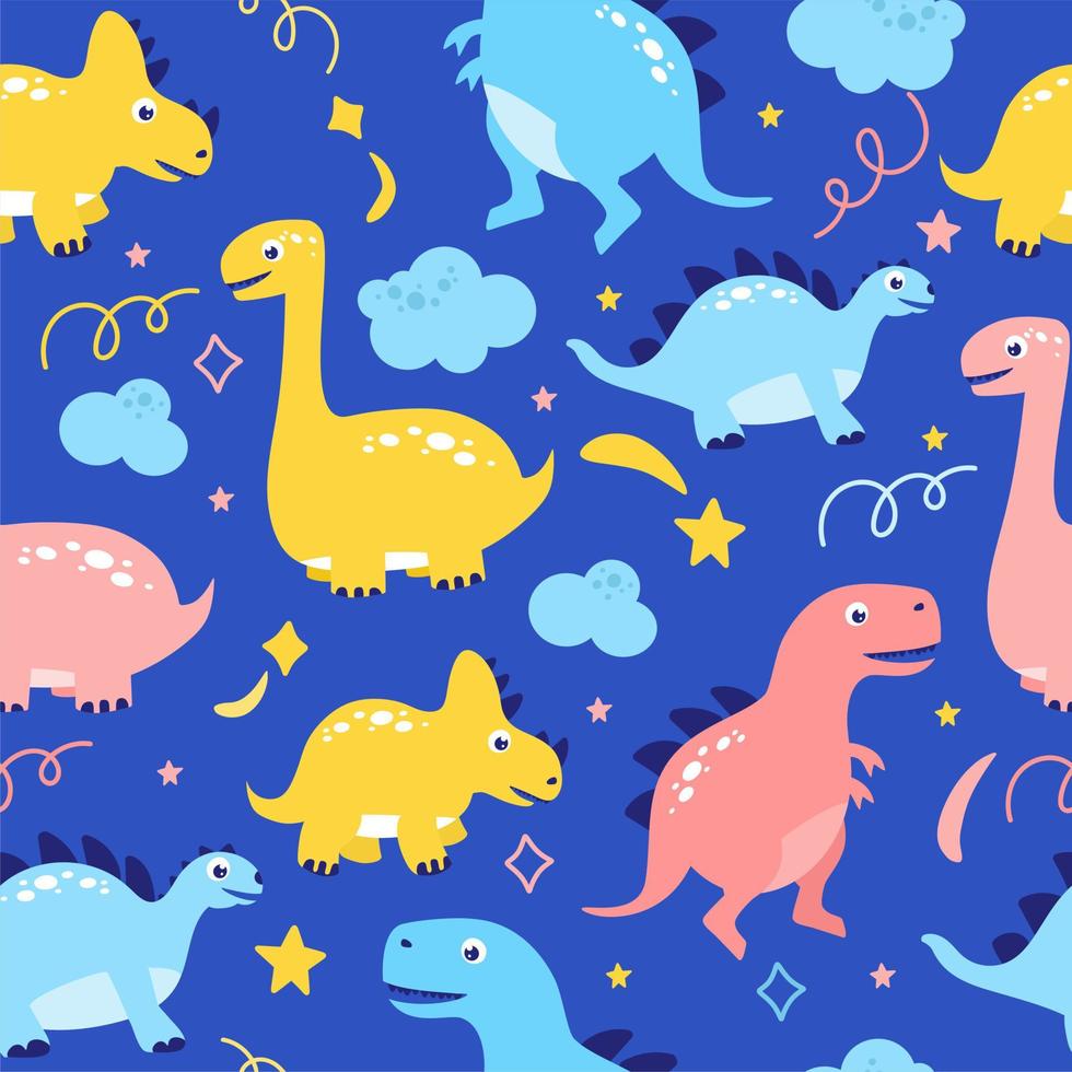 padrão engraçado de dinossauros em uma ilustração vetorial de fundo azul. em um estilo plano para impressão em têxteis e lembranças. vetor