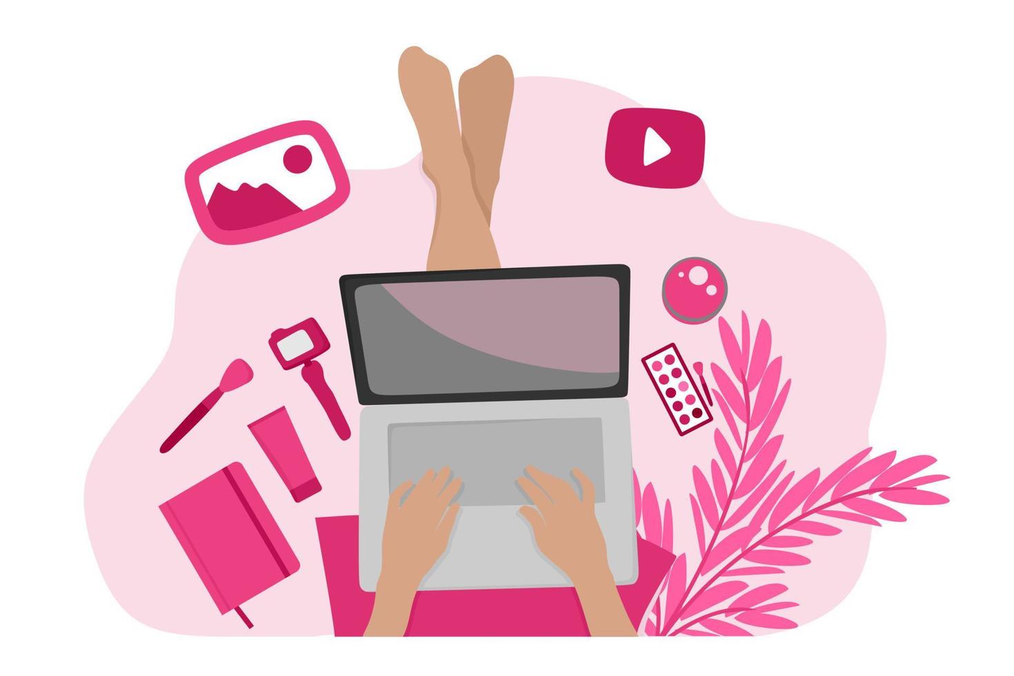 uma garota blogueira de beleza faz um vídeo tutorial de maquiagem enquanto está sentada no chão. ilustração vetorial em um estilo simples para uso em web design, redes sociais, sites, blogs. vetor