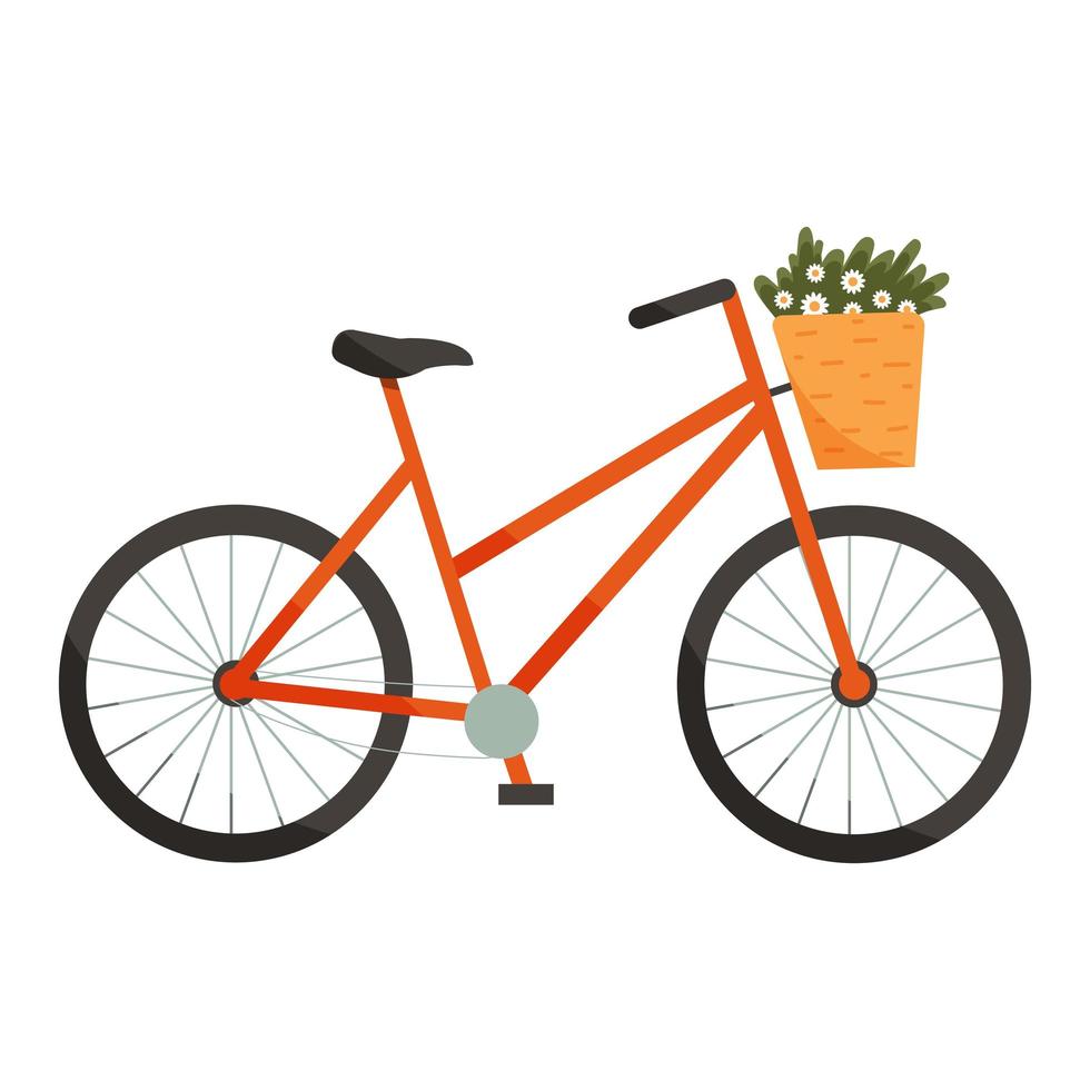 ilustração vetorial de bicicleta ou bicicleta com cesta cheia de flores em estilo simples de desenho animado. transporte de pedal ecológico. veículo retrô com buquê de verão de margaridas vetor