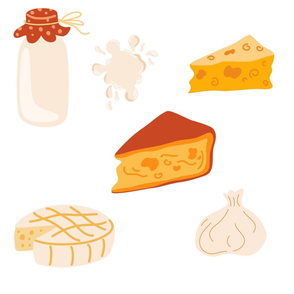 conjunto de queijos diferentes. fatias de queijos deliciosos. cheddar, mussarela, brie, gouda, feta e parmesão. ilustração vetorial dos desenhos animados isolada no fundo branco. vetor