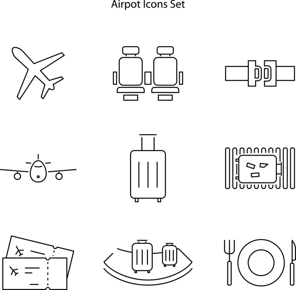 ícone do aeroporto isolado no fundo branco. ícone aeroporto linha fina contorno símbolo aeroporto linear para logotipo, web, app, ui. sinal simples do ícone do aeroporto. conjunto de ícones vetor