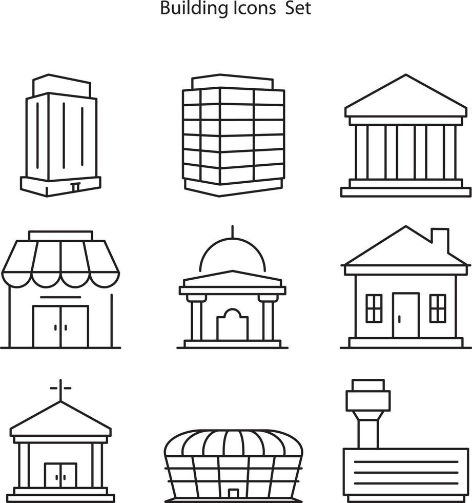 ícones de edifícios conjunto isolado no fundo branco. ícone de edifícios linha fina contorno símbolo de edifícios lineares para logotipo, web, app, ui. sinal simples de ícone de edifícios. vetor