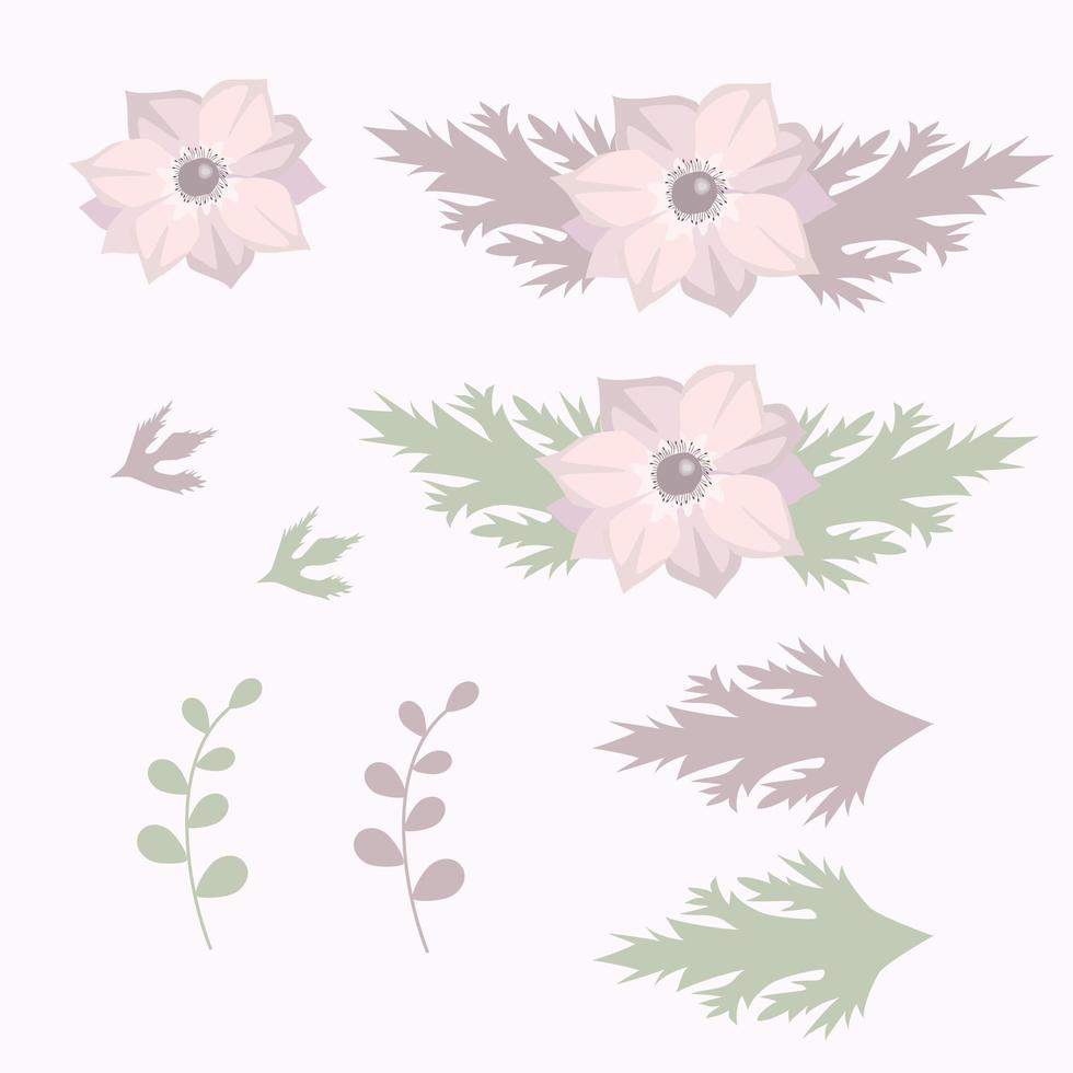 conjunto floral com flores de anêmona e folhas diferentes vetor