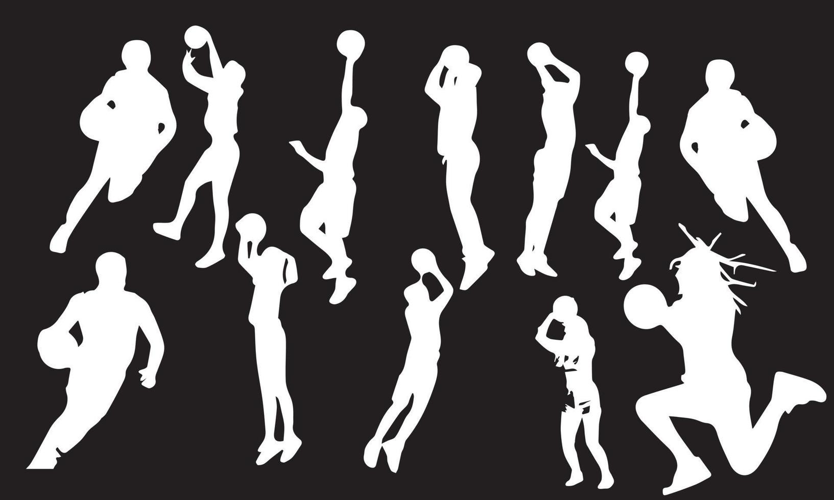 conjunto vetorial de silhuetas de jogadores de basquete, silhuetas de basquete fundo preto e branco vetor