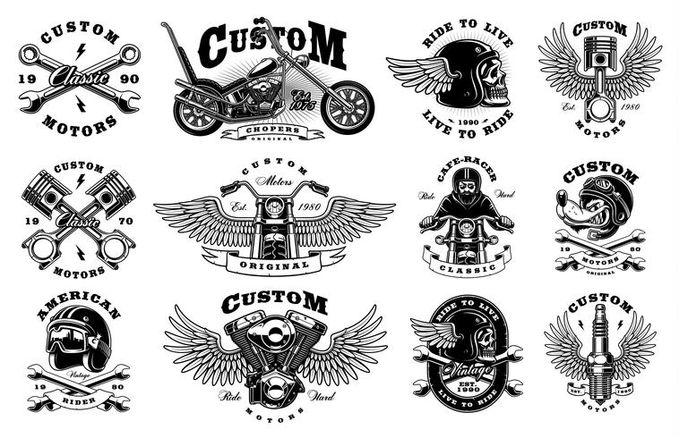 Conjunto com 12 ilustrações de motociclista vintage em fundo branco vetor