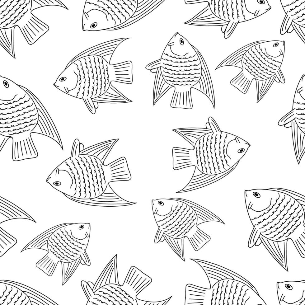 padrão perfeito com peixe.um peixe com uma grande barbatana afiada.tema marinho.estilo doodle.imagem em preto e branco.ilustração vetorial vetor
