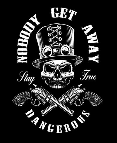 Design de camisa preto e branco com um crânio e armas, vetor