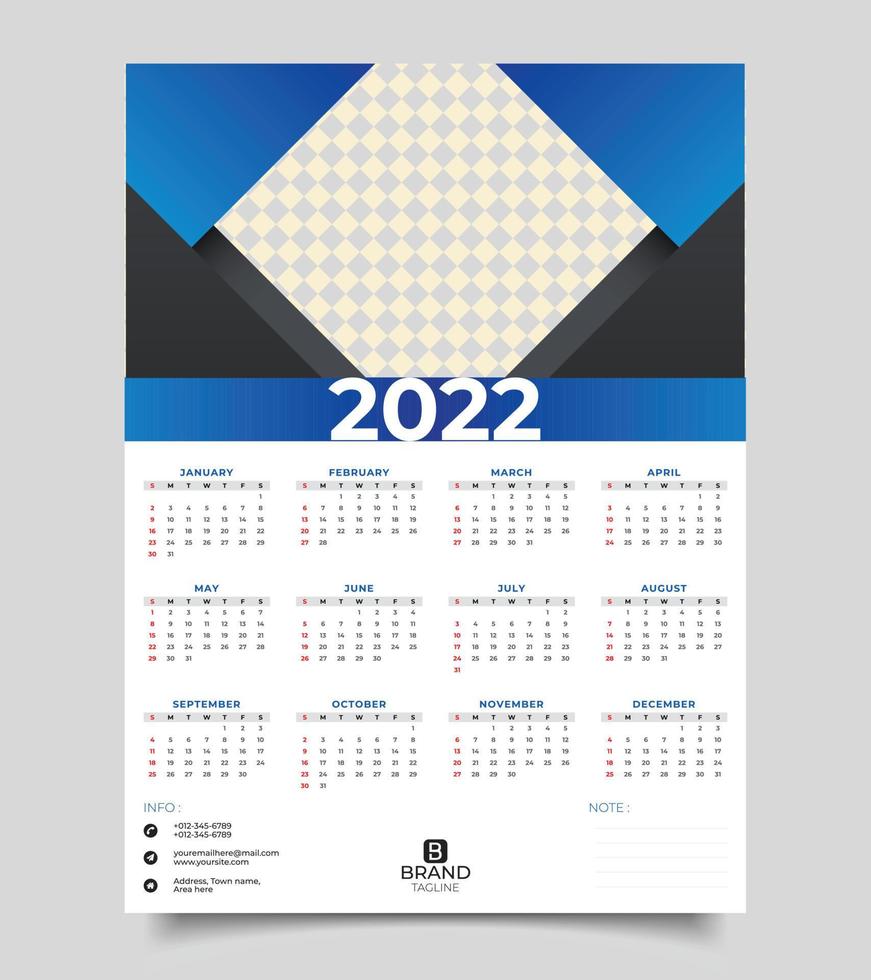 modelo de design de calendário. design de calendário de parede 2022 ano. vetor